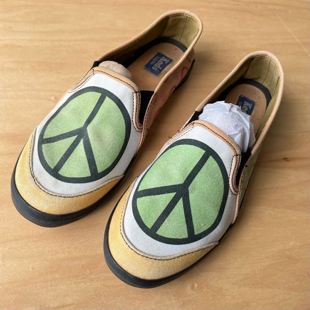 Keds Custom Peace Sign Slip-On Shoes Size 8.5 Colorful Canvas Retro Y2K Style